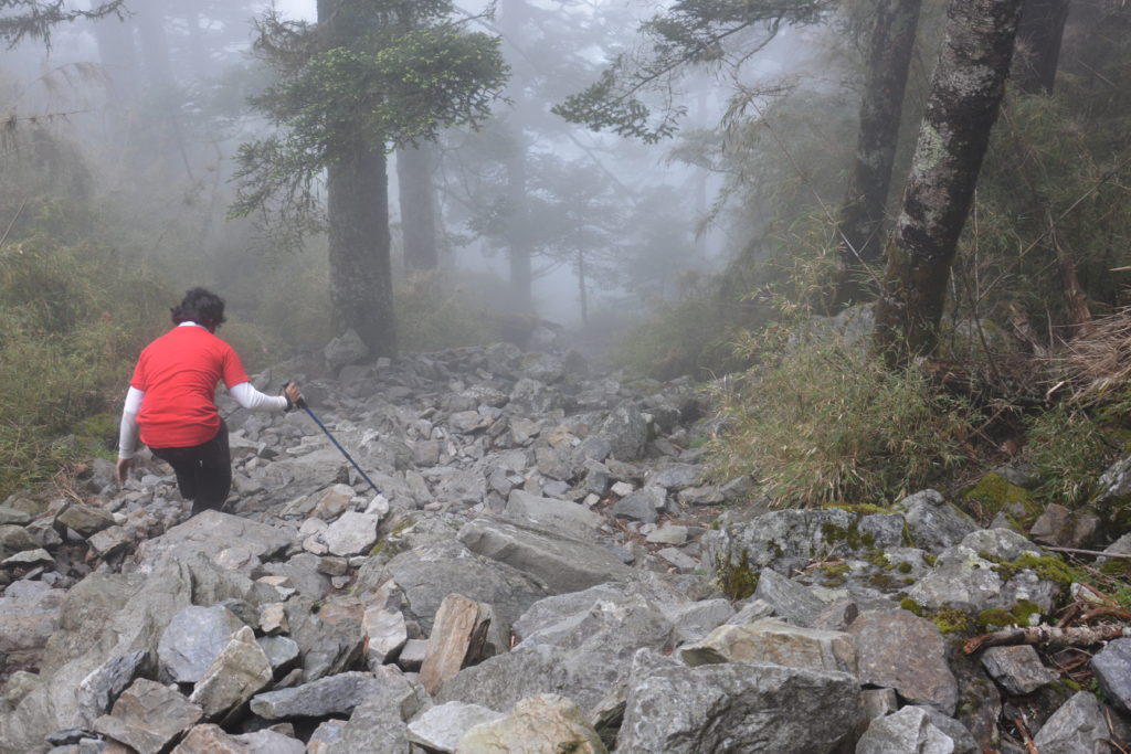 Against the drizzling and loose rocks